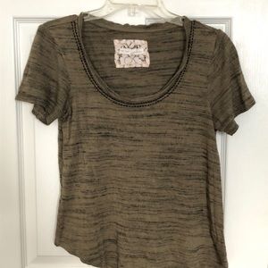 Anthropologie Olive Embroidered Collar Tee Shirt